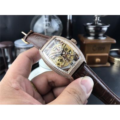 Replica Vanguard A21j Automatic Movement Mens Watch Skeleton Diamonds Dial Diamonds Case Leather Strap E156