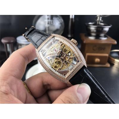 Replica Vanguard A21j Automatic Movement Mens Watch Skeleton Diamonds Dial Diamonds Case Leather Strap E156