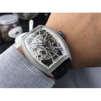 Replica Vanguard A21j Automatic Movement Mens Watch Skeleton Diamonds Dial Diamonds Case Leather Strap E156