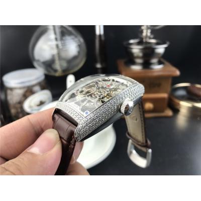 Replica Vanguard A21j Automatic Movement Mens Watch Skeleton Diamonds Dial Diamonds Case Leather Strap E156