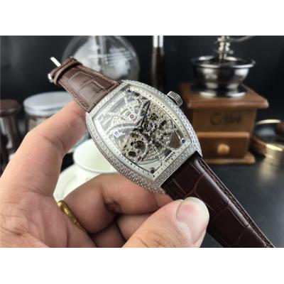 Replica Vanguard A21j Automatic Movement Mens Watch Skeleton Diamonds Dial Diamonds Case Leather Strap E156