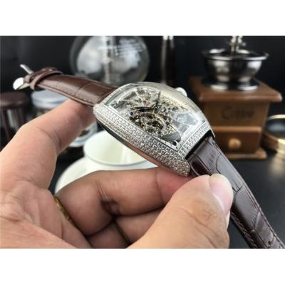 Replica Vanguard A21j Automatic Movement Mens Watch Skeleton Diamonds Dial Diamonds Case Leather Strap E156