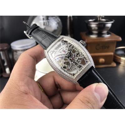 Replica Vanguard A21j Automatic Movement Mens Watch Skeleton Diamonds Dial Diamonds Case Leather Strap E156