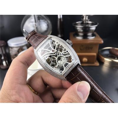 Replica Vanguard A21j Automatic Movement Mens Watch Skeleton Dial Diamonds Case Leather Strap E157