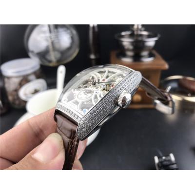 Replica Vanguard A21j Automatic Movement Mens Watch Skeleton Dial Diamonds Case Leather Strap E157