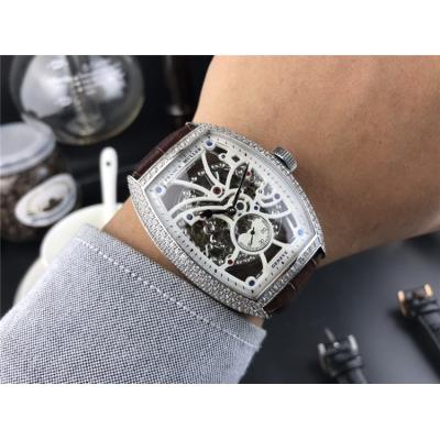 Replica Vanguard A21j Automatic Movement Mens Watch Skeleton Dial Diamonds Case Leather Strap E157