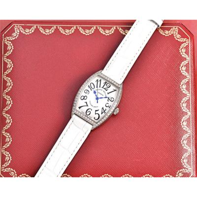 Replica Vanguard Swiss Quartz Movement Womens Watch White Dial Diamonds Case Leather Strap A E169