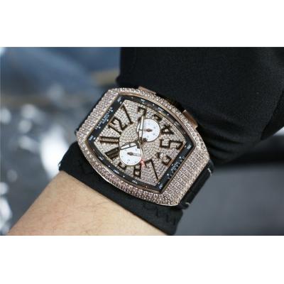 Replica Vanguard Japan Quartz Chronograph Movement Mens Watch Full Diamonds Dial Diamonds Case Leather Strap E182