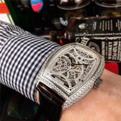 Replica Vanguard A21j Automatic Movement Mens Watch Skeleton Diamonds Dial Diamonds Case Leather Strap E186