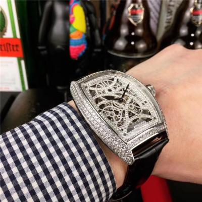 Replica Vanguard A21j Automatic Movement Mens Watch Skeleton Diamonds Dial Diamonds Case Leather Strap E186