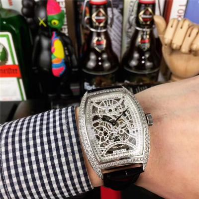 Replica Vanguard A21j Automatic Movement Mens Watch Skeleton Diamonds Dial Diamonds Case Leather Strap E186