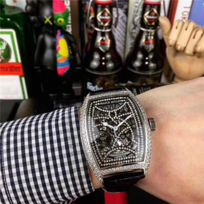 Replica Vanguard A21j Automatic Movement Mens Watch Skeleton Diamonds Dial Diamonds Case Leather Strap E186