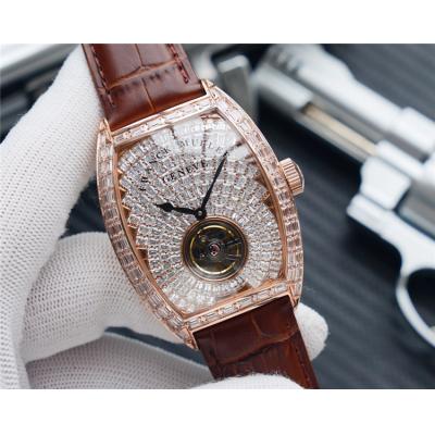 Replica Vanguard A21j Automatic Movement Mens Watch Full Diamonds Dial Diamonds Case Leather Strap E201