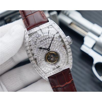 Replica Vanguard A21j Automatic Movement Mens Watch Full Diamonds Dial Diamonds Case Leather Strap E201