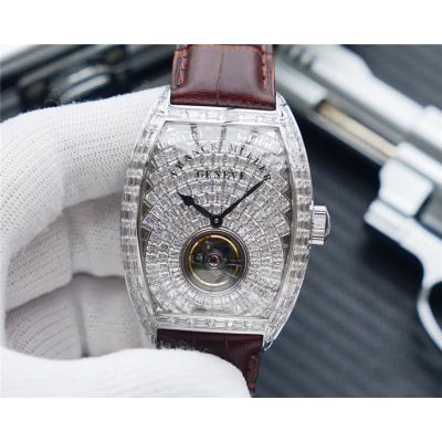 Replica Vanguard A21j Automatic Movement Mens Watch Full Diamonds Dial Diamonds Case Leather Strap E201