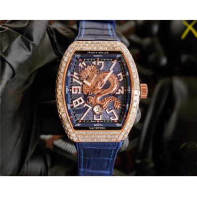 Replica Dragon King A21j Automatic Movement Mens Watch Blue Dial Diamonds Case Leather Strap E225