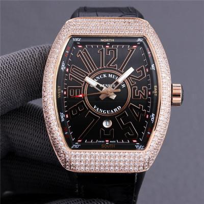 Replica Vanguard A2813 Automatic Movement Mens Watch Black Dial Diamonds Case Leather Strap E232