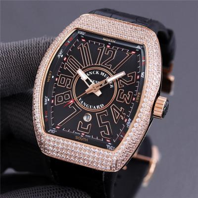 Replica Vanguard A2813 Automatic Movement Mens Watch Black Dial Diamonds Case Leather Strap E232