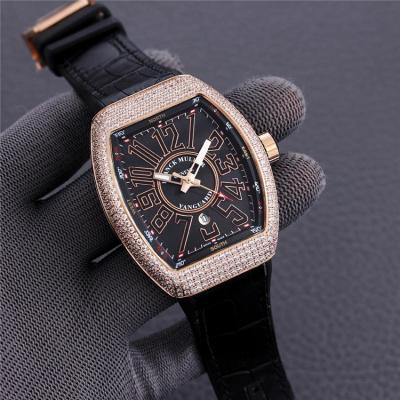 Replica Vanguard A2813 Automatic Movement Mens Watch Black Dial Diamonds Case Leather Strap E232