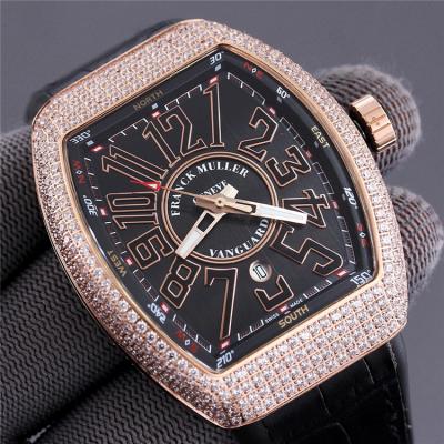 Replica Vanguard A2813 Automatic Movement Mens Watch Black Dial Diamonds Case Leather Strap E232