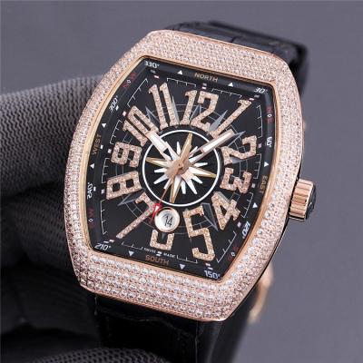 Replica Vanguard A2813 Automatic Mens Watch Diamonds Number Black Dial Diamonds Case Leather Strap E234