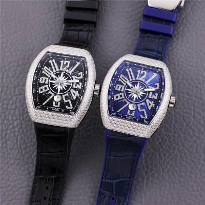 Replica Vanguard A2813 Automatic Mens Watch Diamonds Number Black Dial Diamonds Case Leather Strap E234