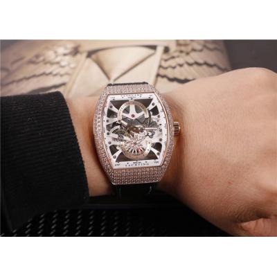 Replica Yachting A21j Automatic Movement Mens Watch Skeleton Dial Diamonds Case Leather Strap G14