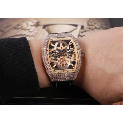 Replica Yachting A21j Automatic Movement Mens Watch Skeleton Dial Diamonds Case Leather Strap G14