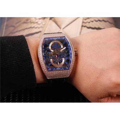 Replica Yachting A21j Automatic Movement Mens Watch Skeleton Dial Diamonds Case Leather Strap G14