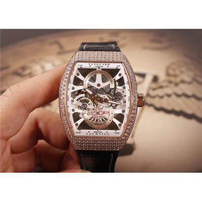 Replica Yachting A21j Automatic Movement Mens Watch Skeleton Dial Diamonds Case Leather Strap G14