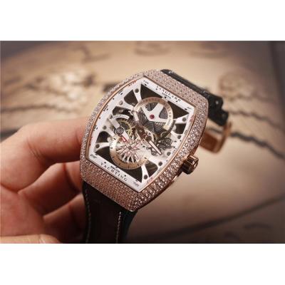 Replica Yachting A21j Automatic Movement Mens Watch Skeleton Dial Diamonds Case Leather Strap G14