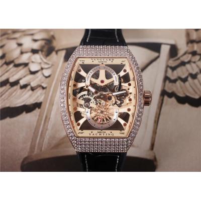 Replica Yachting A21j Automatic Movement Mens Watch Skeleton Dial Diamonds Case Leather Strap G14