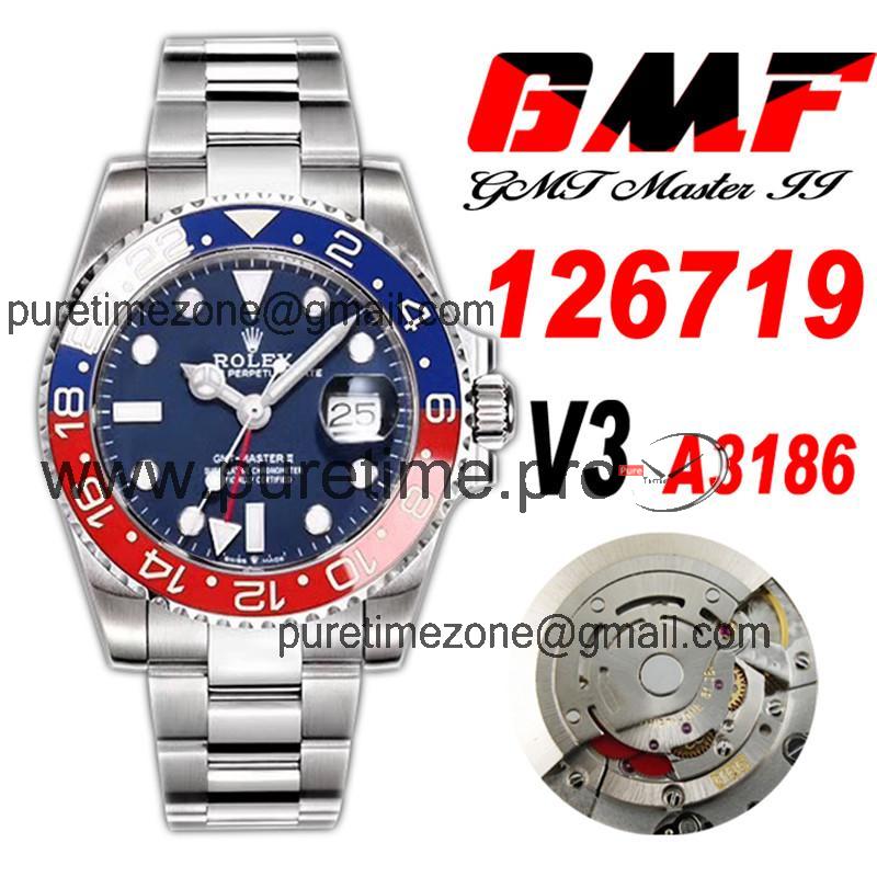 GMF V3 GMT-Master II 126719 A3186 Automatic Mens Watch Pepsi Ceramic Bezel Blue Dial 904L SS Bracelet Best Edition