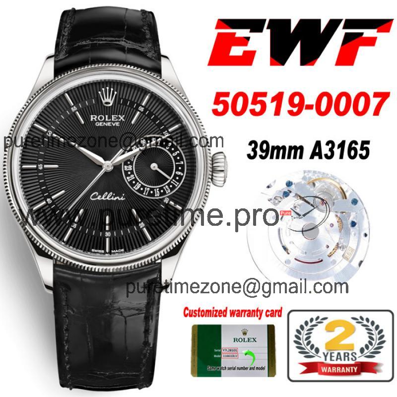 EWF Cellini Date 50519 A3165 Automatic Mens Watch 39mm Black Dial Leather Strap Best Edition