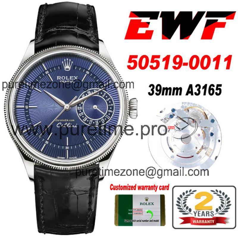 EWF Cellini Date 50519 A3165 Automatic Mens Watch 39mm Blue Dial Leather Strap Best Edition