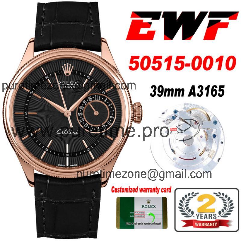 EWF Cellini Date 50515 A3165 Automatic Mens Watch 39mm RG Black Dial Leather Strap Best Edition