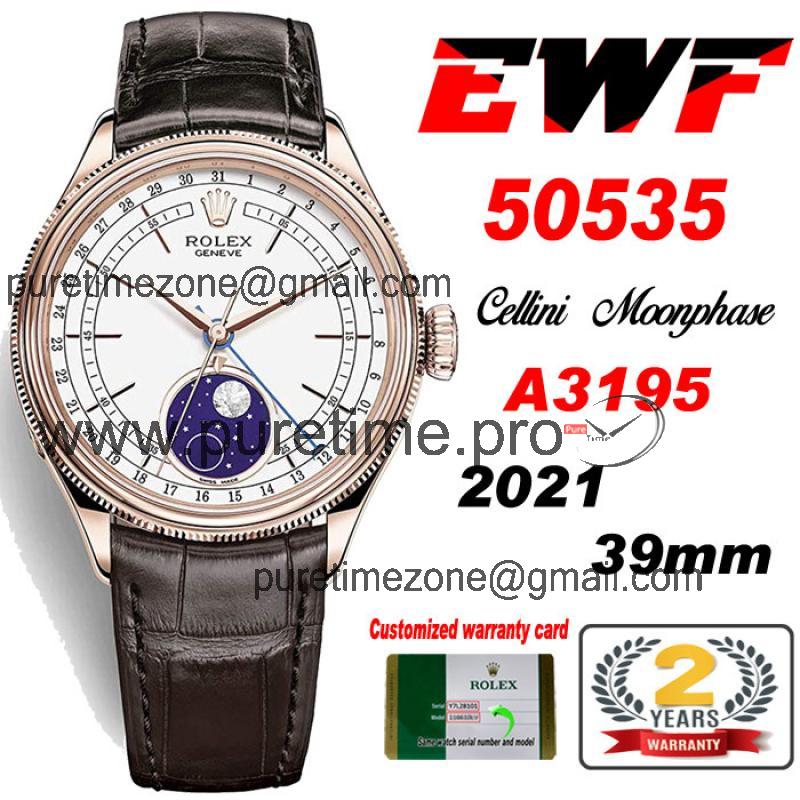 EWF Cellini Date 50535 Moon Phase A3195 Automatic Mens Watch 39mm RG White Dial  Brown Leather Strap Best Edition