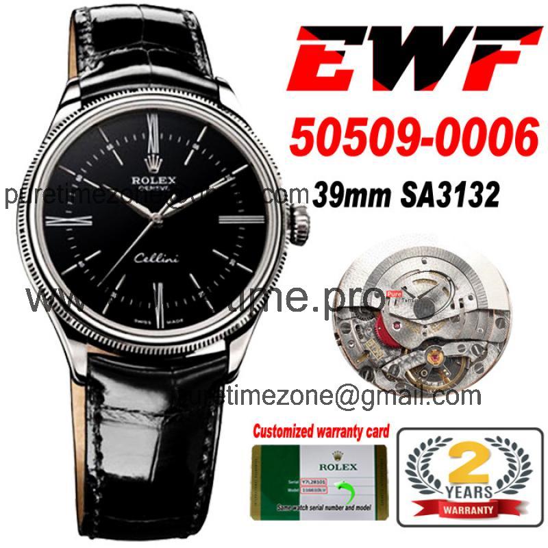 EWF Cellini Time 50509 SA3132 Automatic Mens Watch 39mm Black Dial Leather Best Edition