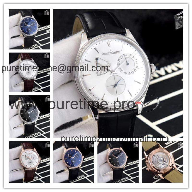 Replica Master Ultra Thin A21j Automatic Movement Mens Watch White Dial Diamonds Case Leather Strap A E43