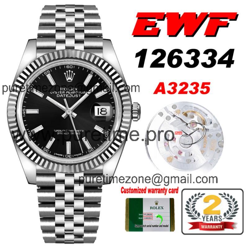 EWF Datejust 41 126334 A3235 Automatic Mens Watch Black Stick Dial SS Jubilee Bracelet Best Edition