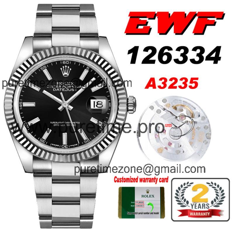 EWF Datejust 41 126334 A3235 Automatic Mens Watch Black Stick Dial SS Oyster Bracelet Best Edition