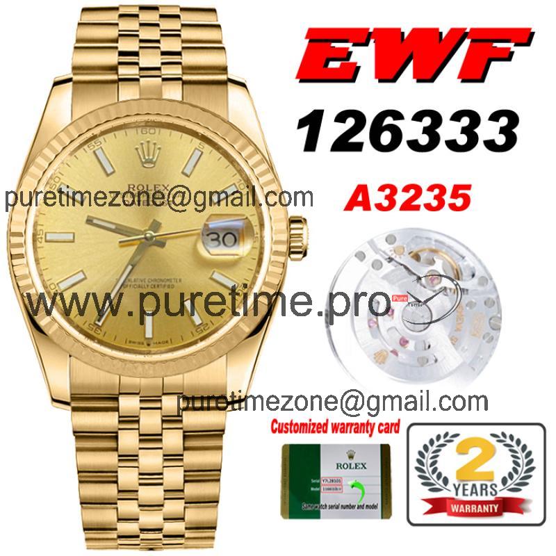 EWF Datejust 41 126333 A3235 Automatic Mens Watch Yellow Gold Champagne Stick Dial SS Jubilee Bracelet Best Edition