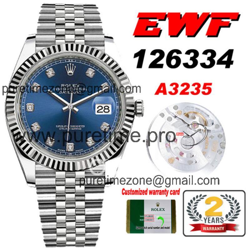 EWF Datejust 41 126334 A3235 Automatic Mens Watch Blue Diamonds Dial SS Jubilee Bracelet Best Edition