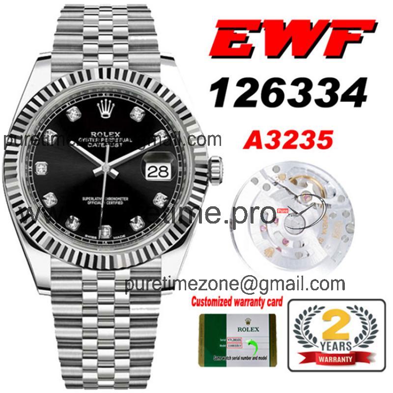 EWF Datejust 41 126334 A3235 Automatic Mens Watch Black Diamonds Dial SS Jubilee Bracelet Best Edition