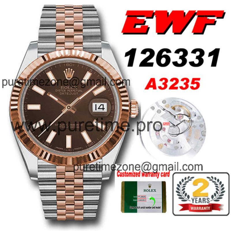 EWF Datejust 41 126331 A3235 Automatic Mens Watch Tow Tone RG Brown Stick Dial SS Jubilee Bracelet Best Edition