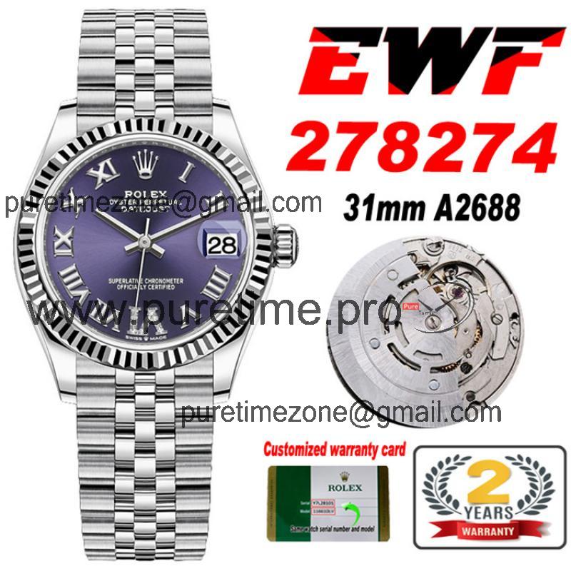 EWF Datejust 31 278273 A2688 Automatic Womens Watch Purple Roman VI Diamonds Dial SS Jubilee Bracelet  Best Edition