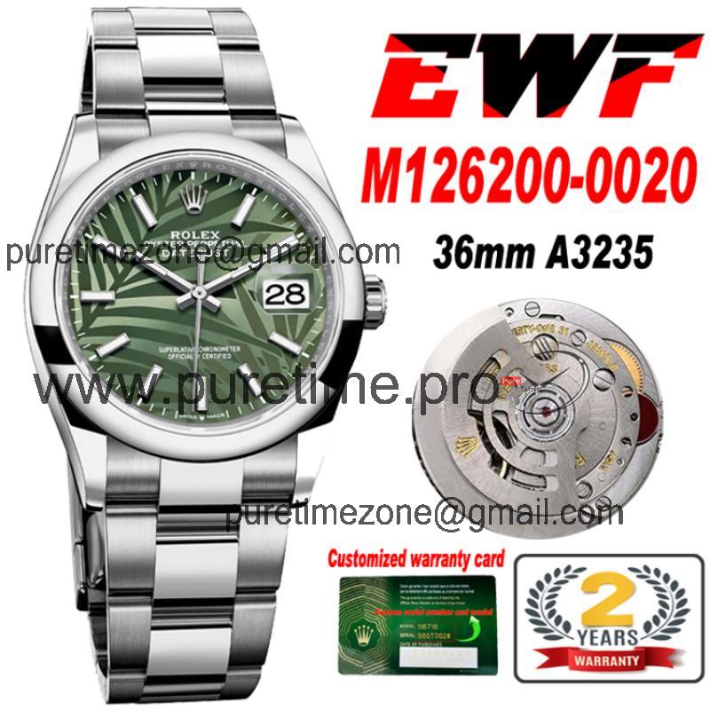 EWF Datejust 36 126200 A3235 Automatic Mens Watch Green Palm Dial 904L SS Oyster Bracelet Best Edition