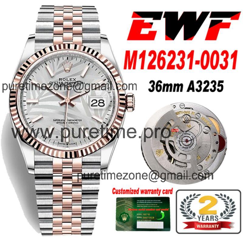 EWF Datejust 36 126200 A3235 Automatic Mens Watch Two Tone RG Gray Palm Dial 904L SS Jubilee Bracelet Best Edition