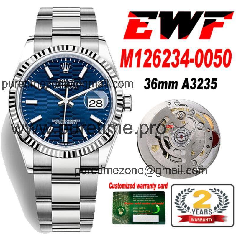 EWF Datejust 36 126200 A3235 Automatic Mens Watch Blue Fluted Motif Dial 904L SS Oyster Bracelet Best Edition