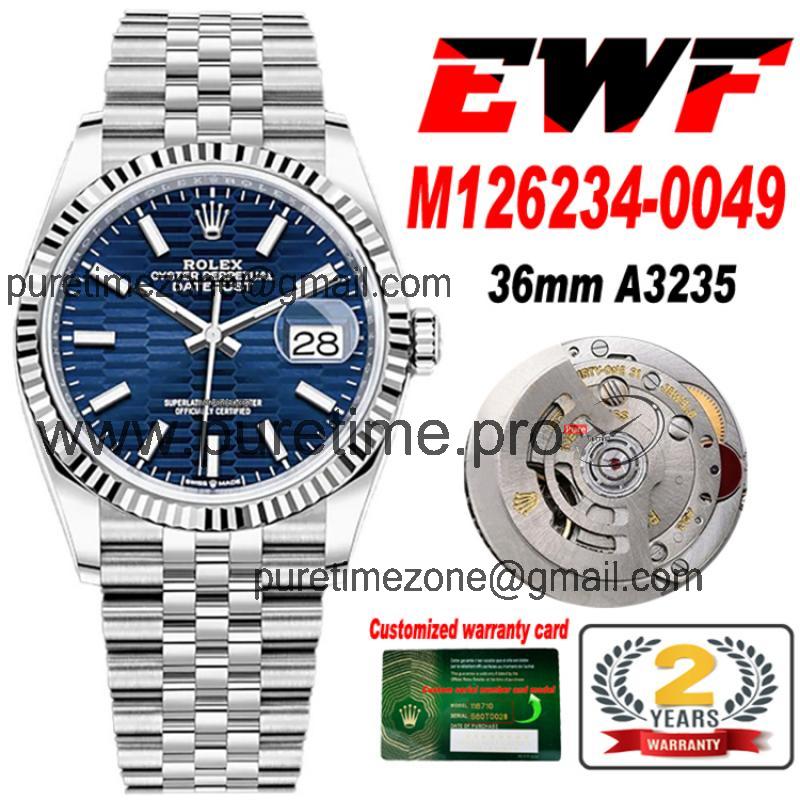 EWF Datejust 36 126200 A3235 Automatic Mens Watch Blue Fluted Motif Dial 904L SS Jubilee Bracelet Best Edition